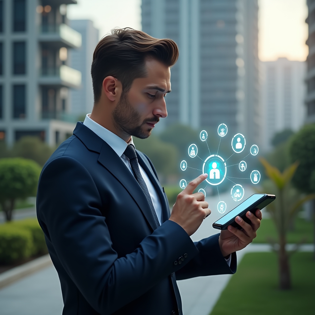 (Ultra-realistic condominium manager in a tailored navy suit, set in a modern luxury condominium environment with high-rise buildings and manicured green landscaping, examining a holographic smartphone interface displaying floating condo management app icons, pointing thoughtfully at one icon, confident and focused expression, cinematic lighting, shallow depth of field, highly detailed textures, realistic skin, photographic realism, 8k resolution --ar 1:1 --v 6)