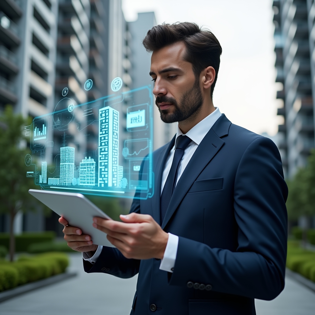 Ultra-realistic condominium manager in a tailored navy suit, set in a modern luxury condominium environment with high-rise buildings and manicured green landscaping, close-up of a confident professional holding a tablet and analyzing a holographic condominium management app interface with floating icons of charts, calendars and building outlines, cinematic lighting, shallow depth of field, highly detailed textures, realistic skin, photographic realism, 8k resolution --ar 1:1 --v 6