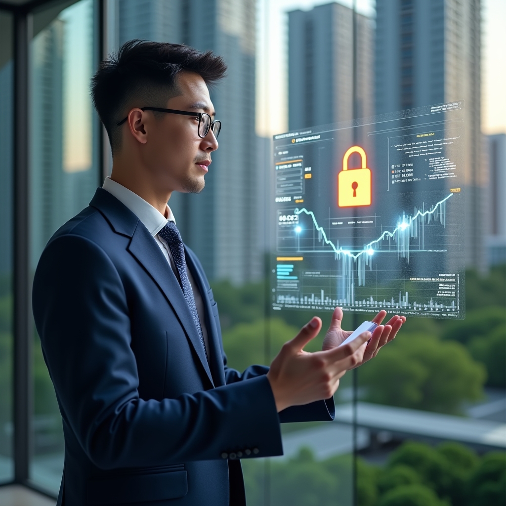 (Ultra-realistic condominium manager in a navy blue executive suit, set in a modern luxury condominium environment with high-rise buildings and meticulously landscaped green areas, confidently reviewing a holographic financial dashboard with transparent graphs and a floating padlock icon symbolizing security, cinematic lighting, shallow depth of field, highly detailed textures, realistic skin, photographic realism, 8k resolution --ar 1:1 --v 6)