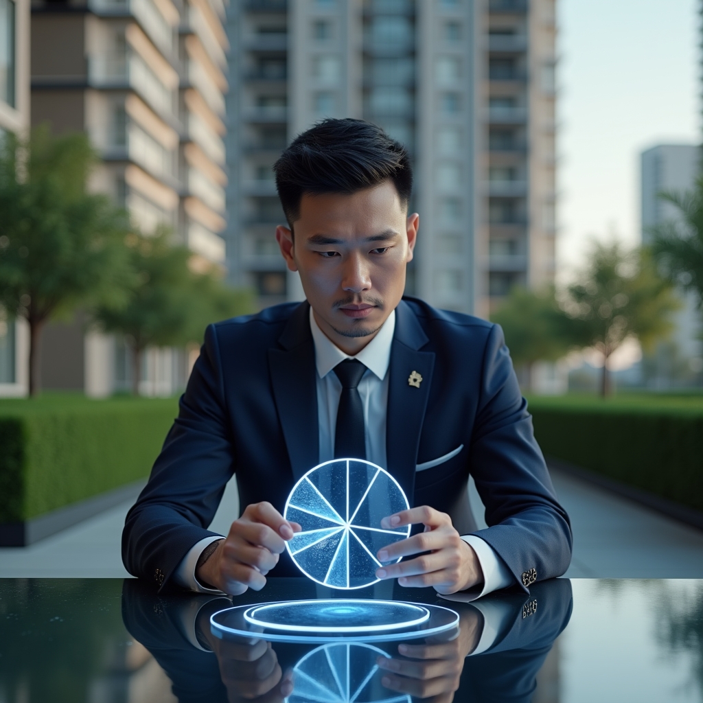 (Ultra-realistic condominium manager in a tailored navy suit, set in a modern luxury condominium environment with high-rise buildings and manicured green landscaping, analyzing a holographic pie chart floating above a sleek glass table to represent ideal fraction cost allocation, confident and focused expression, cinematic lighting, shallow depth of field, highly detailed textures, realistic skin, photographic realism, 8k resolution --ar 1:1 --v 6)