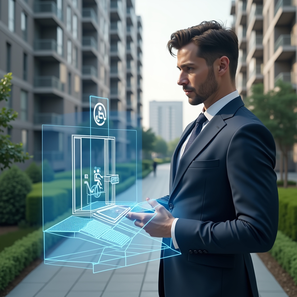 Ultra-realistic property manager in a navy suit, set in a modern luxury condominium environment with high-rise buildings and green landscaping, examining a holographic ramp and elevator design with wheelchair accessibility icons floating around, confident expression, cinematic lighting, shallow depth of field, highly detailed textures, realistic skin, photographic realism, 8k resolution --ar 1:1 --v 6