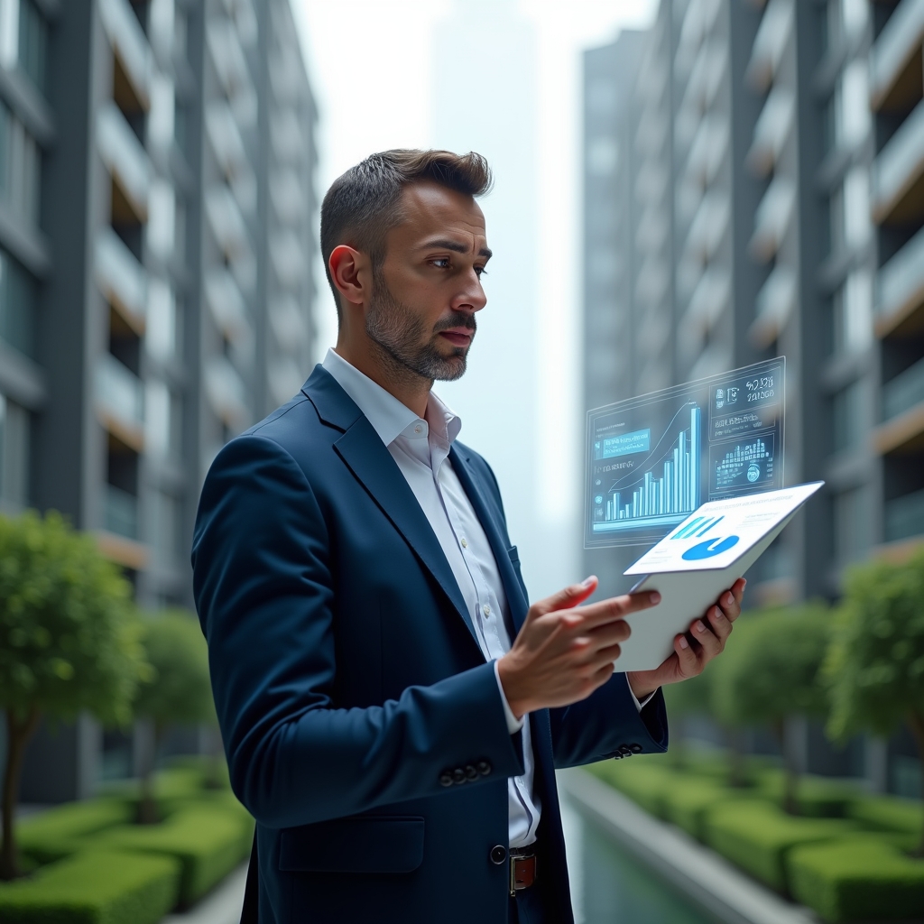 (Ultra-realistic condominium manager in a navy blue suit, set in a modern luxury condominium environment with high-rise buildings and lush green landscaping, standing and reviewing a floating holographic financial report with bar charts and pie graphs, confident and focused expression, cinematic lighting, shallow depth of field, highly detailed textures, realistic skin, photographic realism, 8k resolution --ar 1:1 --v 6)