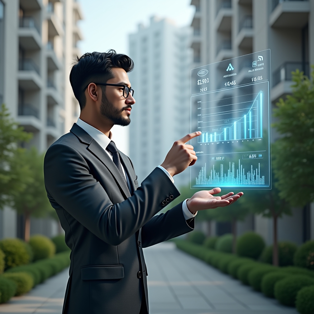 Ultra-realistic condominium manager in a charcoal gray suit, set in a modern luxury condominium environment with high-rise buildings and manicured green landscaping, reviewing a floating holographic financial dashboard with transparent 3D charts of budgets and expenses, pointing thoughtfully at the data, confident and focused expression, cinematic lighting, shallow depth of field, highly detailed textures, realistic skin, photographic realism, 8k resolution --ar 1:1 --v 6