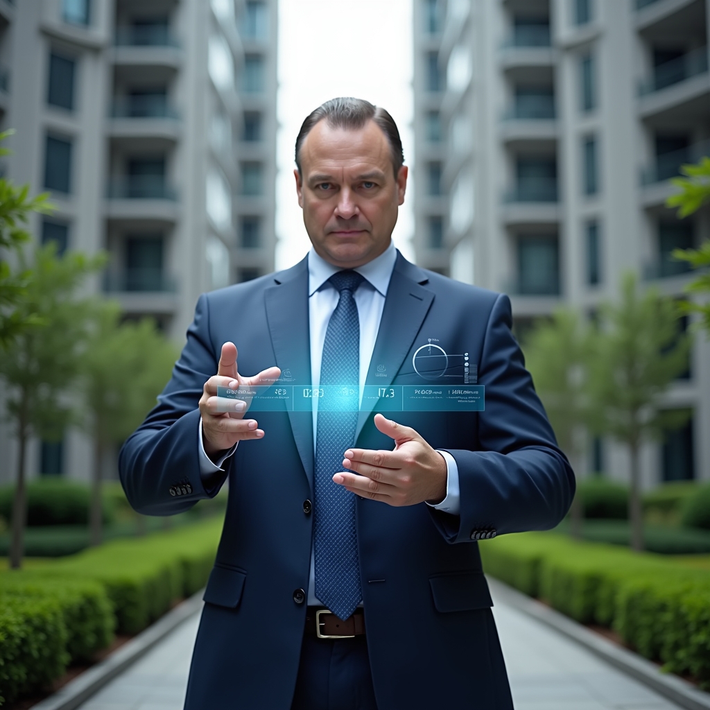 Ultra-realistic condominium manager in a navy blue suit, set in a modern luxury condominium environment with high-rise buildings and manicured green landscaping, mid shot, interacting with a holographic schedule interface displaying calendar and timeline icons, expression focused and confident, cinematic lighting, shallow depth of field, highly detailed textures, realistic skin, photographic realism, 8k resolution --ar 1:1 --v 6