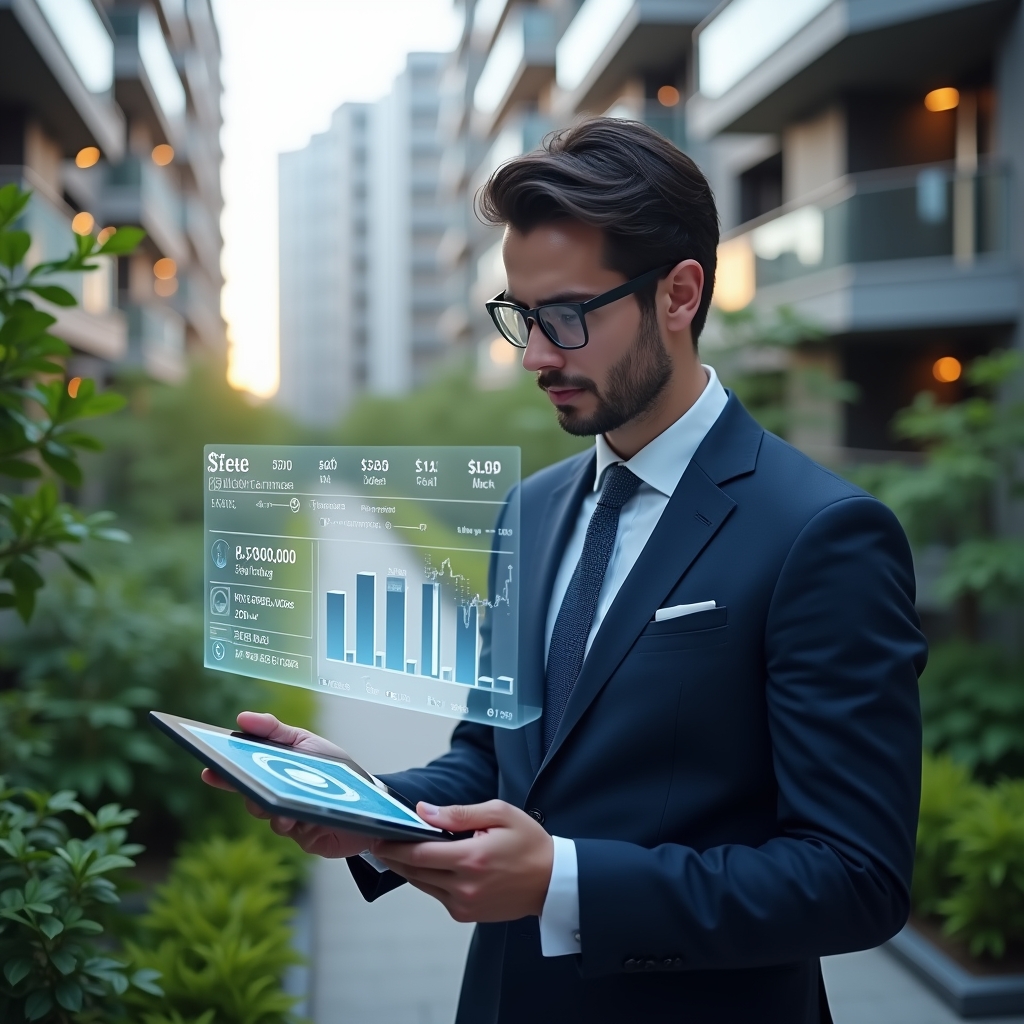 (Ultra-realistic condominium manager in a navy blue tailored suit, set in a modern luxury condominium environment with high-rise buildings and lush green landscaping, medium shot, analyzing a holographic transparent financial report hovering above a tablet, floating charts and icons representing revenues and expenses, confident and focused expression, cinematic lighting, shallow depth of field, highly detailed textures, realistic skin, photographic realism, 8k resolution --ar 1:1 --v 6)