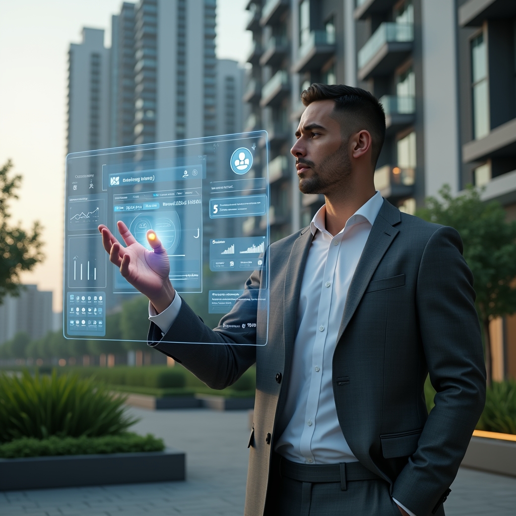 (Ultra-realistic condominium manager in a charcoal gray executive suit, set in a modern luxury condominium environment with high-rise residential towers and meticulously landscaped gardens, mid-shot of a confident professional interacting with a semi-transparent holographic interface displaying building maintenance schedules, financial charts and chat icons, cinematic lighting, shallow depth of field, highly detailed textures, realistic skin, photographic realism, 8k resolution --ar 1:1 --v 6)