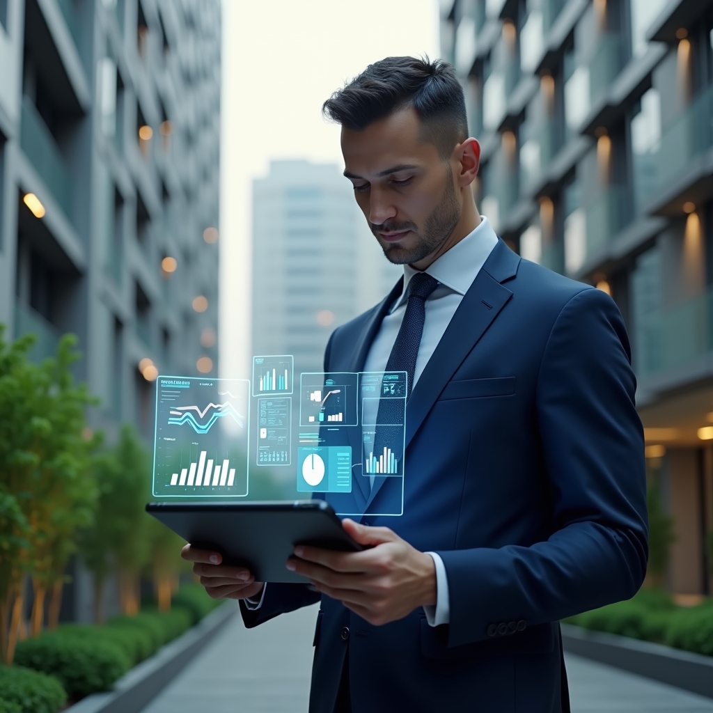 (Ultra-realistic condominium manager in a navy blue executive suit, set in a modern luxury condominium environment with high-rise buildings and well-manicured green landscaping, medium shot with focus on the character, holding a tablet displaying holographic financial spreadsheets and charts while thoughtfully analyzing data, glowing pie chart and bar graph icons floating beside the device, confident expression, cinematic lighting, shallow depth of field, highly detailed textures, realistic skin, photographic realism, 8k resolution --ar 1:1 --v 6)