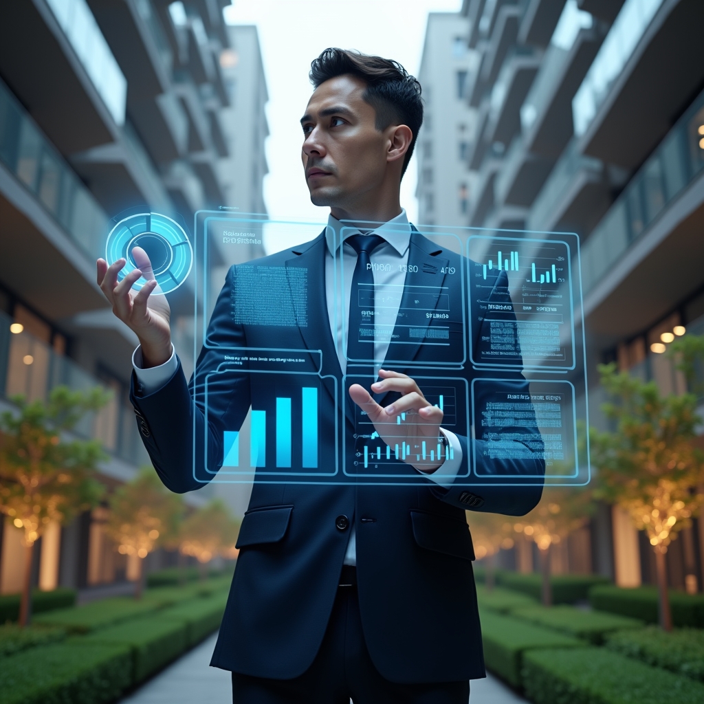 Ultra-realistic condominium manager in a dark navy executive suit, standing in a modern luxury condominium environment with high-rise buildings and manicured green landscaping, holding and interacting with a holographic financial dashboard displaying expense charts and digital invoices, confidently analyzing data without paper spreadsheets, glowing blue holograms of bar graphs and pie charts floating around, cinematic lighting, shallow depth of field, highly detailed textures, realistic skin, photographic realism, 8k resolution --ar 1:1 --v 6