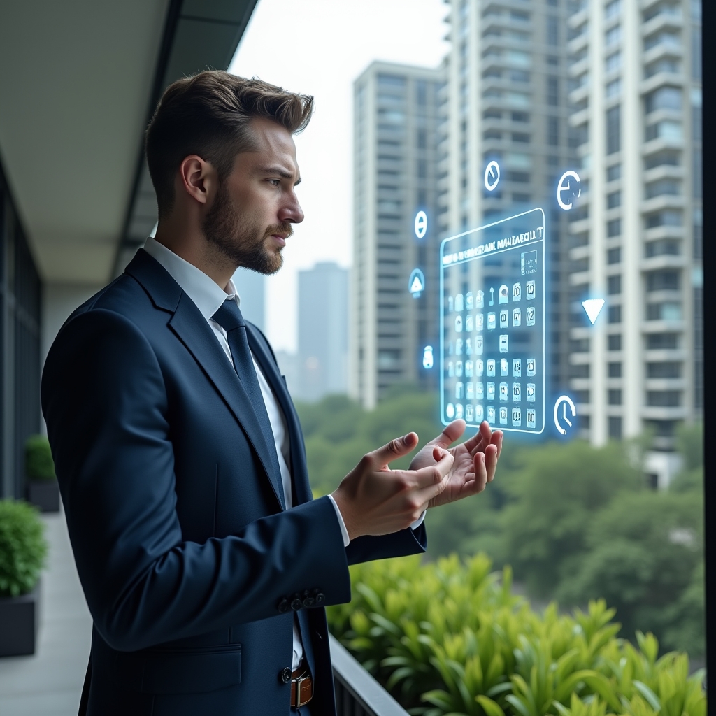 Ultra-realistic condominium manager in a navy tailored suit, set in a modern luxury condominium environment with high-rise buildings and manicured green landscaping, confidently reviewing a floating holographic calendar and checklist, with digital icons of tools and clock overlays symbolizing a maintenance schedule, cinematic lighting, shallow depth of field, highly detailed textures, realistic skin, photographic realism, 8k resolution --ar 1:1 --v 6