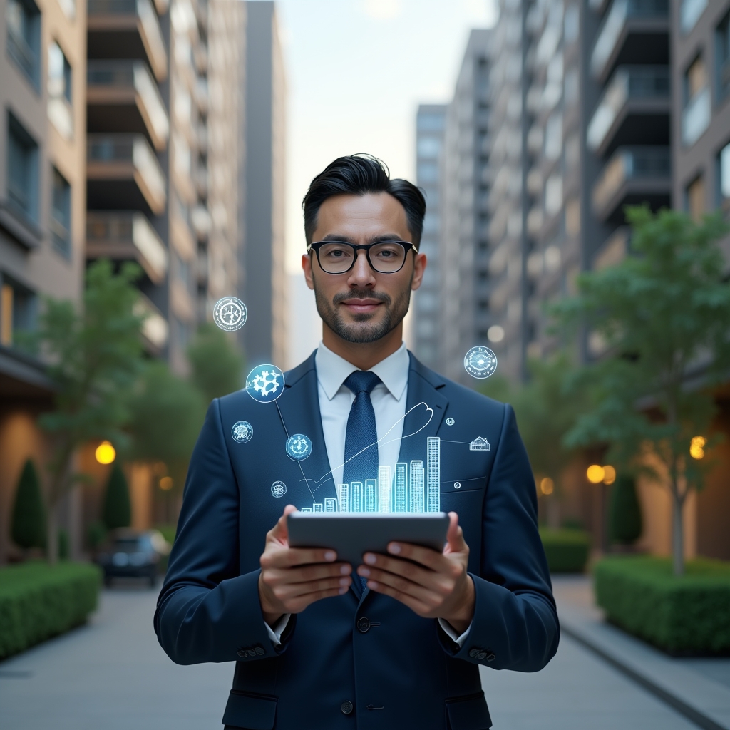 Ultra-realistic condominium manager in a tailored navy suit, set in a modern luxury condominium environment with high-rise buildings and meticulously landscaped gardens, holding a tablet displaying a floating holographic cost-reduction chart while confidently analyzing data, subtle holographic icons of coins and gears hovering nearby, cinematic lighting, shallow depth of field, highly detailed textures, realistic skin, photographic realism, 8k resolution --ar 1:1 --v 6