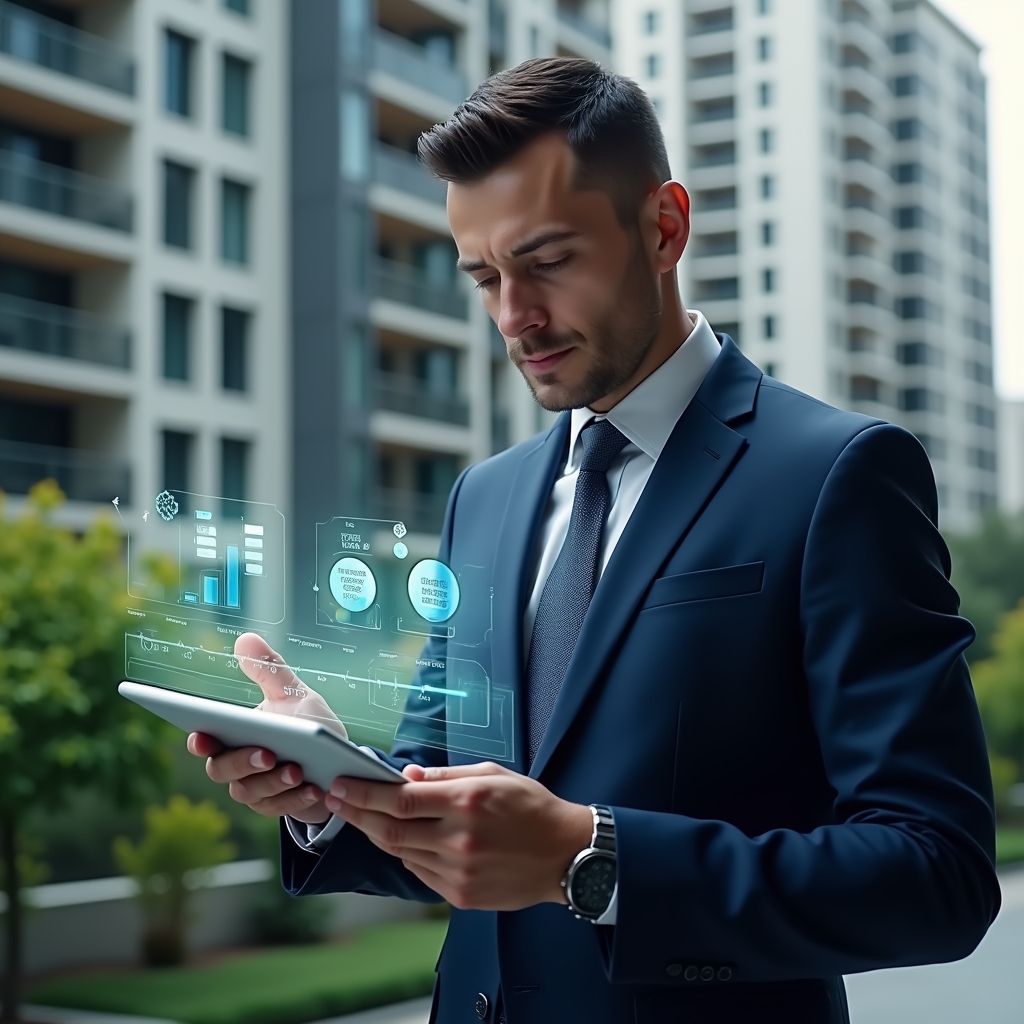 Ultra-realistic condominium manager in a navy tailored suit, set in a modern luxury condominium environment with high-rise buildings and green landscaping, medium shot of a focused professional analyzing a holographic financial timeline projected from a digital tablet, glowing budget charts and calendar icons floating around, cinematic lighting, shallow depth of field, highly detailed textures, realistic skin, photographic realism, 8k resolution --ar 1:1 --v 6