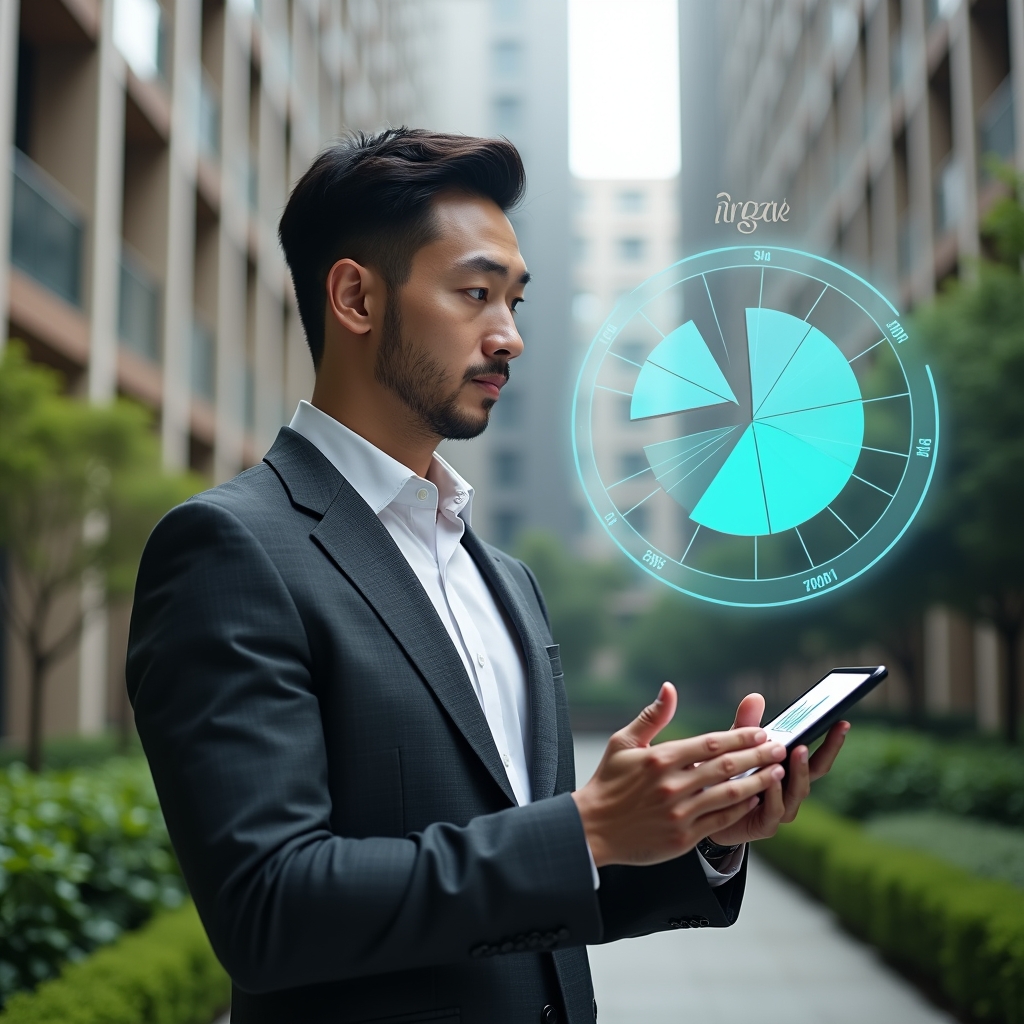 (Ultra-realistic condominium manager in a charcoal gray executive suit, set in a modern luxury condominium environment with high-rise buildings and manicured green landscaping, examining a floating holographic pie chart showing a 30% reduction in expenses, tablet in hand displaying financial graphs, confident and focused expression, cinematic lighting, shallow depth of field, highly detailed textures, realistic skin, photographic realism, 8k resolution --ar 1:1 --v 6)