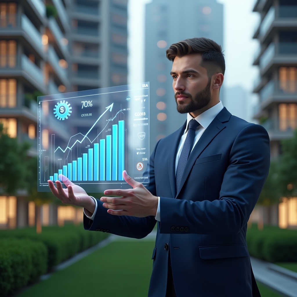Ultra-realistic condominium manager in a navy blue suit and tie, set in a modern luxury condominium environment with high-rise buildings and manicured green landscaping, standing in a medium shot while examining a transparent holographic financial dashboard showing a 30% cost-reduction graph, focused and confident expression, floating holographic icons of gears and dollar signs, cinematic lighting, shallow depth of field, highly detailed textures, realistic skin, photographic realism, 8k resolution --ar 1:1 --v 6