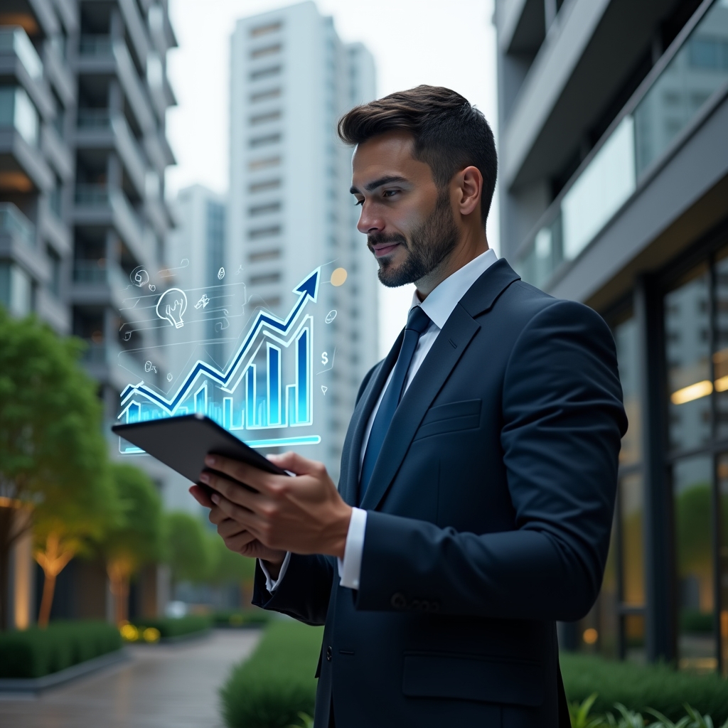 Ultra-realistic condominium manager in a dark navy executive suit, set in a modern luxury condominium environment with high-rise buildings and lush green landscaping, confidently reviewing a digital tablet showing cost-reduction graphs, with a holographic downward-arrow savings chart and glowing icons of a water drop and light bulb floating nearby, cinematic lighting, shallow depth of field, highly detailed textures, realistic skin, photographic realism, 8k resolution --ar 1:1 --v 6