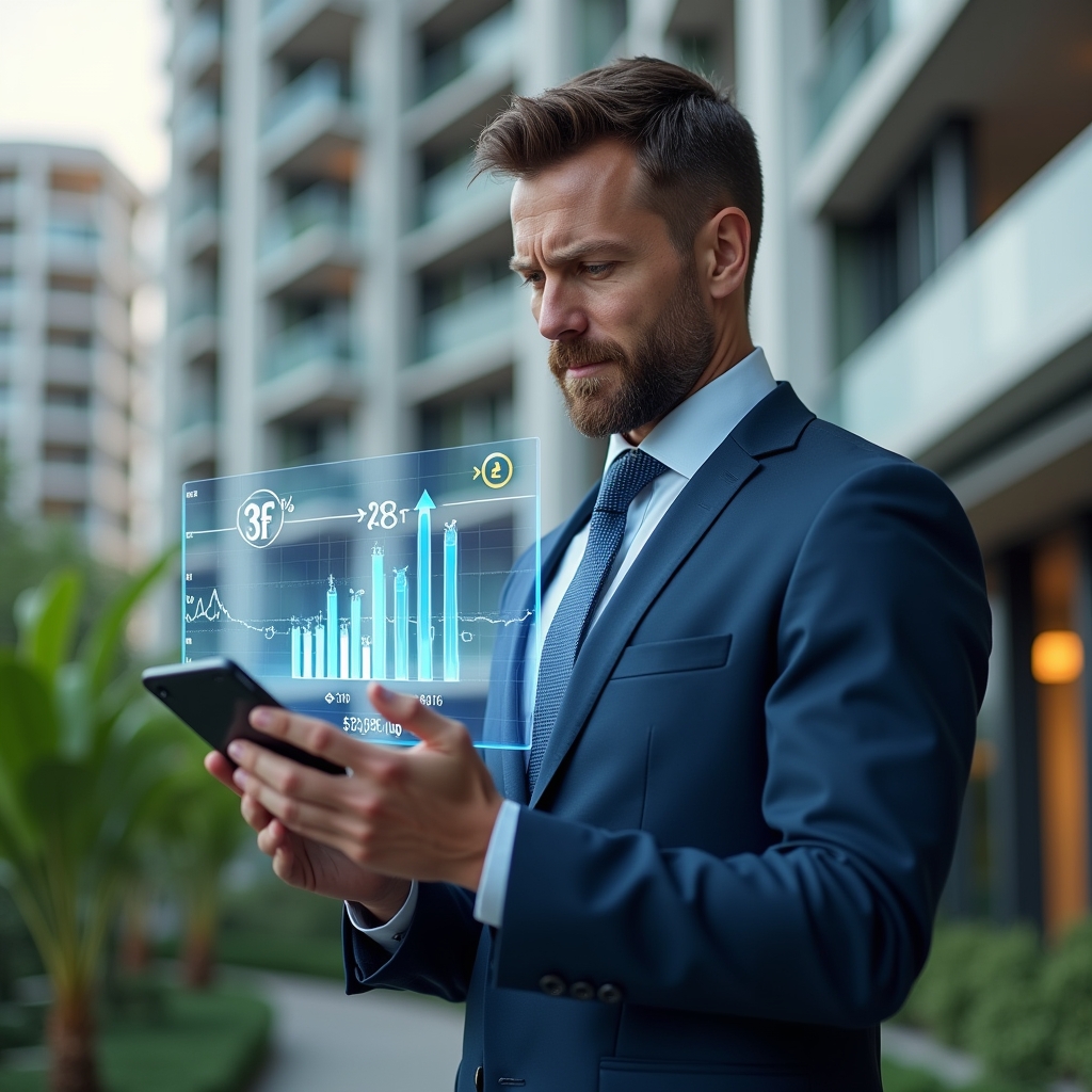 (Ultra-realistic condominium manager in a navy blue suit, set in a modern luxury condominium environment with high-rise buildings and lush green landscaping, standing in a medium shot while reviewing a holographic financial chart showing a 30% cost reduction, confident and focused expression, holographic icons of coins and downward arrows floating beside him, cinematic lighting, shallow depth of field, highly detailed textures, realistic skin, photographic realism, 8k resolution --ar 1:1 --v 6)
