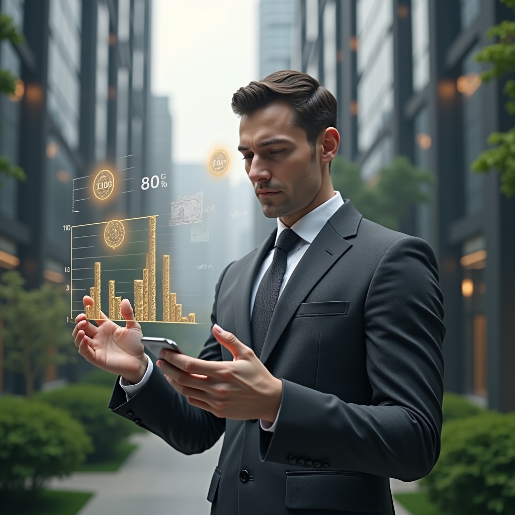 (Ultra-realistic condominium manager in a dark gray tailored suit, set in a modern luxury condominium environment with high-rise buildings and manicured gardens, examining a holographic financial chart showing downward expense bars, confident and analytical expression, floating icons of contracts and coins around them, cinematic lighting, shallow depth of field, highly detailed textures, realistic skin, photographic realism, 8k resolution --ar 1:1 --v 6)