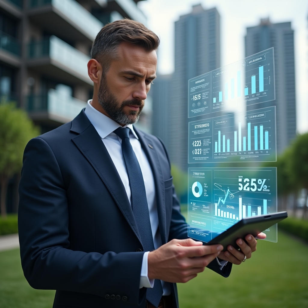 (Ultra-realistic condominium manager in a tailored navy suit, set in a modern luxury condominium environment with high-rise buildings and manicured green landscaping, examining a floating holographic financial report with transparent graphs and automated data streams, confident and focused expression, cinematic lighting, shallow depth of field, highly detailed textures, realistic skin, photographic realism, 8k resolution --ar 1:1 --v 6)