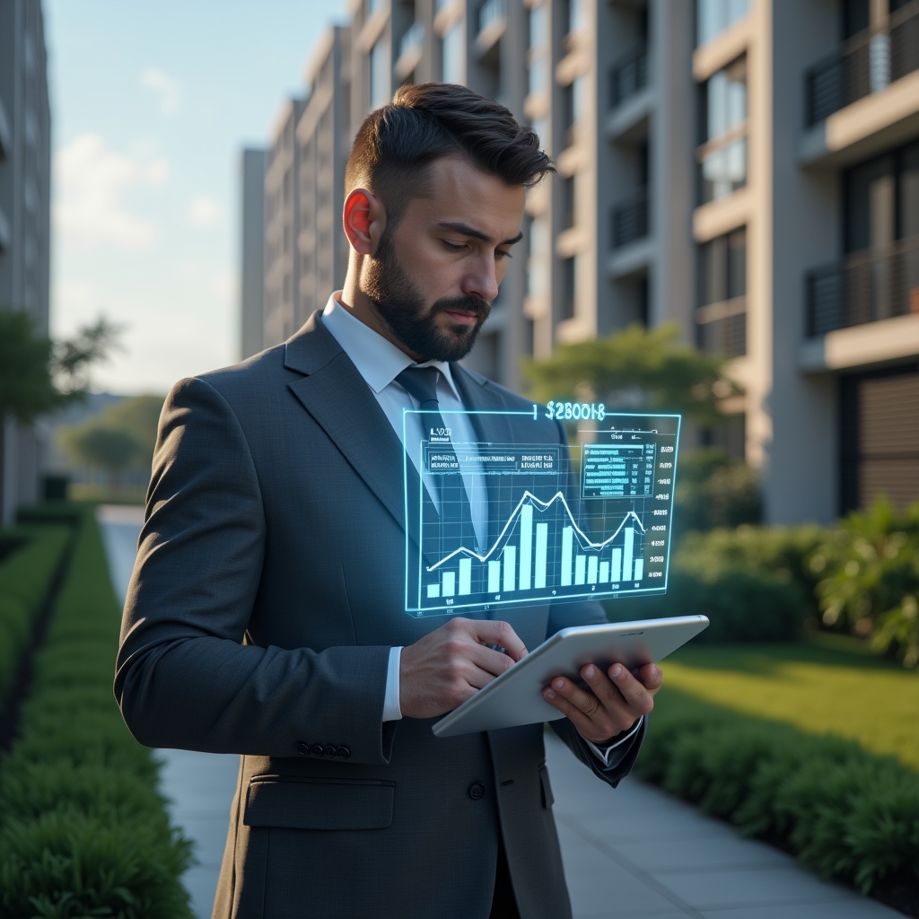 (Ultra-realistic condominium manager in a charcoal gray suit, set in a modern luxury condominium environment with high-rise buildings and manicured green landscaping, holding a holographic financial report with transparent charts and graphs floating above a tablet, confidently reviewing data to ensure transparent accounting for residents, cinematic lighting, shallow depth of field, highly detailed textures, realistic skin, photographic realism, 8k resolution --ar 1:1 --v 6)