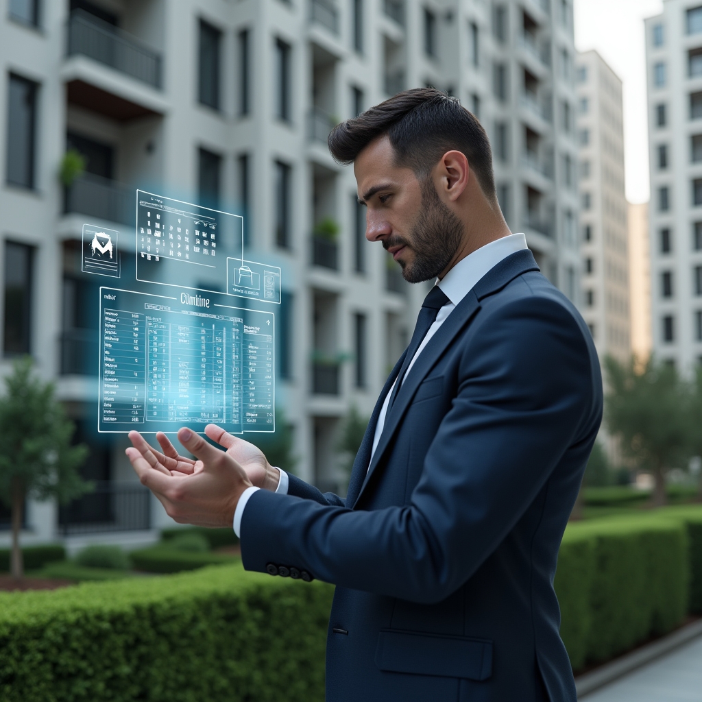 (Ultra-realistic condominium manager in a tailored navy suit, set in a modern luxury condominium environment with high-rise buildings and manicured green landscaping, confidently analyzing a holographic maintenance schedule, surrounded by floating calendar icons and task checklists, cinematic lighting, shallow depth of field, highly detailed textures, realistic skin, photographic realism, 8k resolution --ar 1:1 --v 6)
