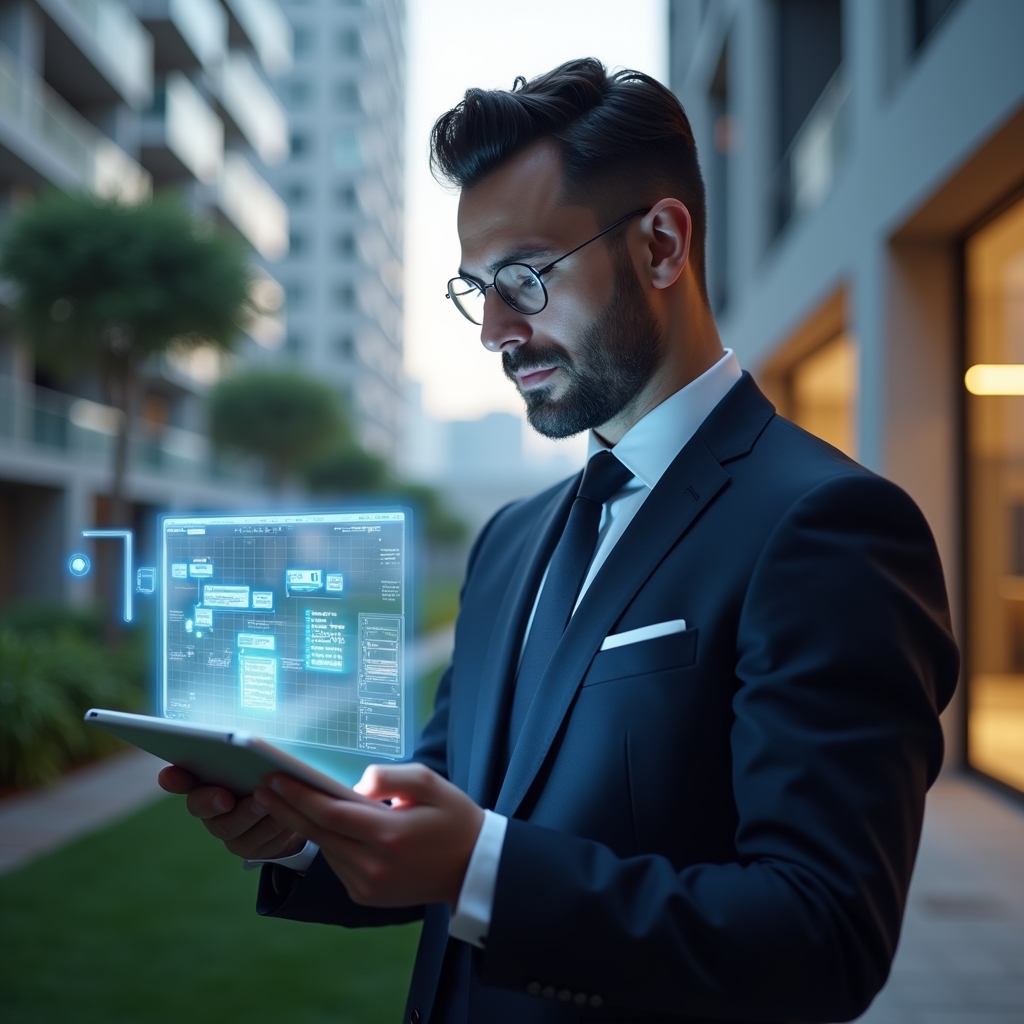 (Ultra-realistic property manager in a navy blue tailored suit, set in a modern luxury condominium environment with high-rise buildings and manicured gardens, reviewing a holographic timeline calendar projected above a tablet, confident and focused expression, holographic icons representing maintenance tasks, assembly notices and financial reports floating around, cinematic lighting, shallow depth of field, highly detailed textures, realistic skin, photographic realism, 8k resolution --ar 1:1 --v 6)
