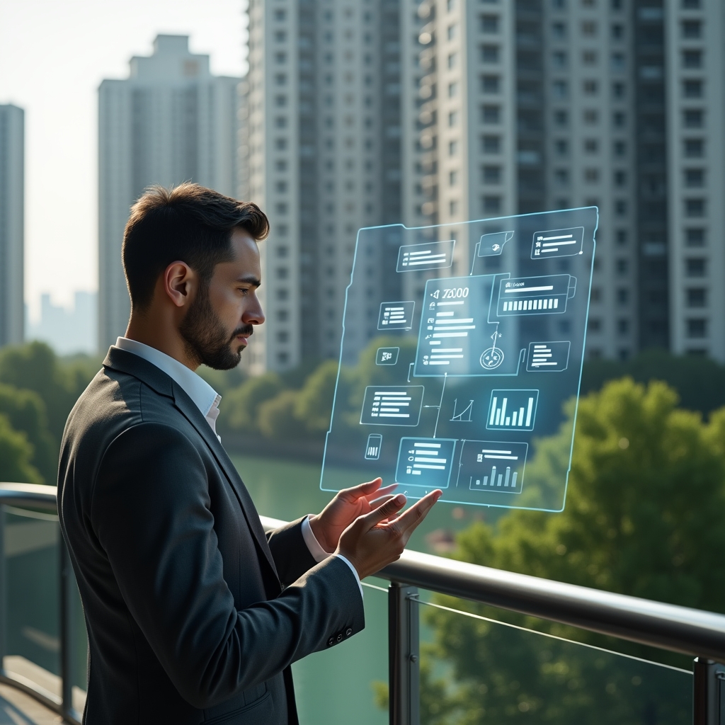 (Ultra-realistic condominium manager in a charcoal gray suit, set in a modern luxury condominium environment with high-rise buildings and meticulously landscaped greenery, examining a floating holographic dashboard displaying icons for calendar bookings, chat messages, financial graphs and security alerts, confident and focused expression, cinematic lighting, shallow depth of field, highly detailed textures, realistic skin, photographic realism, 8k resolution --ar 1:1 --v 6)