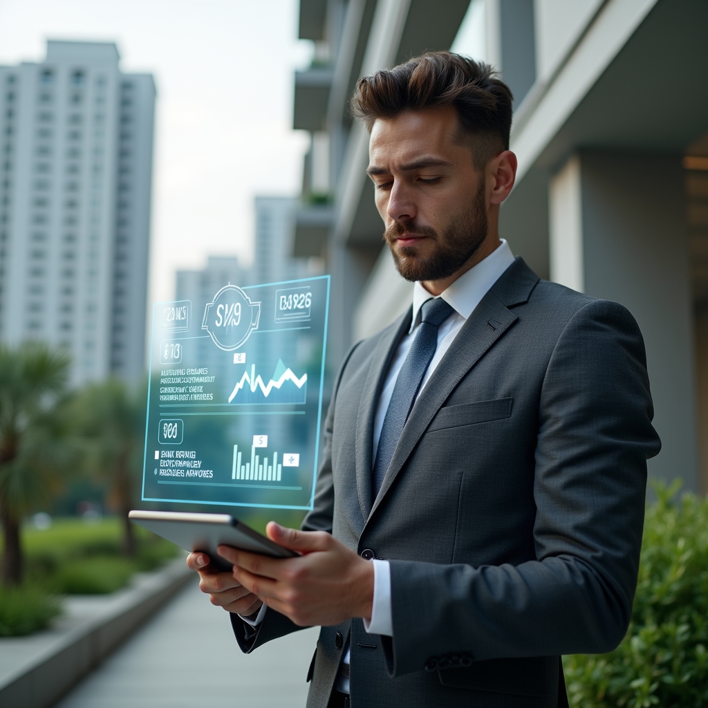 Ultra-realistic condominium manager in a tailored dark gray suit, set in a modern luxury condominium environment with high-rise buildings and lush green landscaping, close-up of a confident male syndicus analyzing holographic financial charts and expense icons floating above a sleek digital tablet, cinematic lighting, shallow depth of field, highly detailed textures, realistic skin, photographic realism, 8k resolution --ar 1:1 --v 6