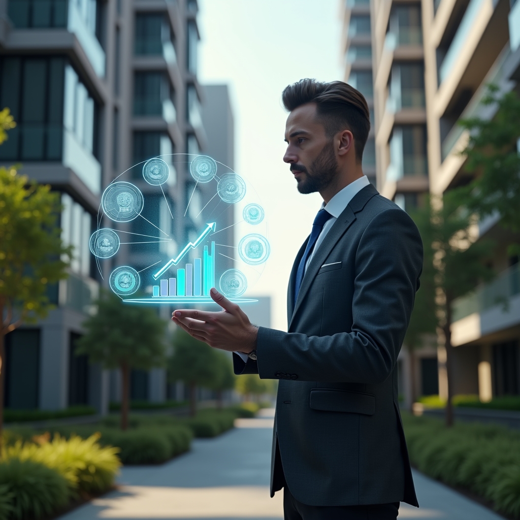 Ultra-realistic condominium manager in a dark gray executive suit, set in a modern luxury condominium environment with high-rise buildings and meticulously landscaped gardens, confidently examining a floating holographic checklist of expenses and charts, holographic icons of coins and bar graphs surrounding them, cinematic lighting, shallow depth of field, highly detailed textures, realistic skin, photographic realism, 8k resolution --ar 1:1 --v 6