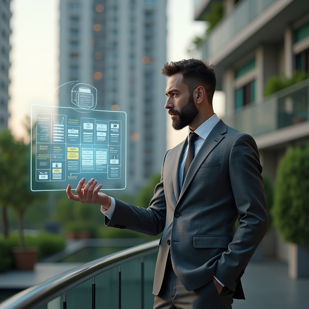 Ultra-realistic condominium manager in a charcoal gray suit, set in a modern luxury condominium environment with high-rise buildings and lush green landscaping, confidently interacting with a floating holographic schedule displaying maintenance, cleaning and assembly templates, a semi-transparent calendar icon hovering beside him, cinematic lighting, shallow depth of field, highly detailed textures, realistic skin, photographic realism, 8k resolution --ar 1:1 --v 6