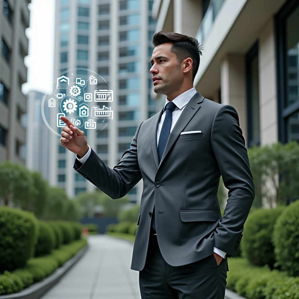 (Ultra-realistic condominium manager in a charcoal gray executive suit, set in a modern luxury condominium environment with high-rise buildings and meticulously maintained green landscaping, standing confidently in a medium shot while interacting with a floating holographic maintenance schedule displaying gears and calendar icons, cinematic lighting, shallow depth of field, highly detailed textures, realistic skin, photographic realism, 8k resolution --ar 1:1 --v 6)