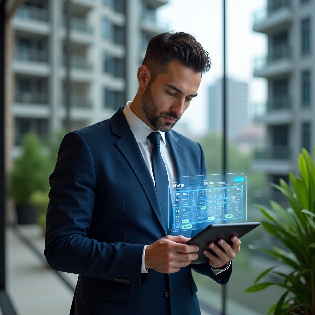 Ultra-realistic condominium manager in a navy blue suit, set in a modern luxury condominium environment with high-rise buildings and green landscaping, holding a tablet displaying a holographic monthly schedule calendar, standing confidently while reviewing tasks, holographic icons of checklist and clock floating beside, cinematic lighting, shallow depth of field, highly detailed textures, realistic skin, photographic realism, 8k resolution --ar 1:1 --v 6