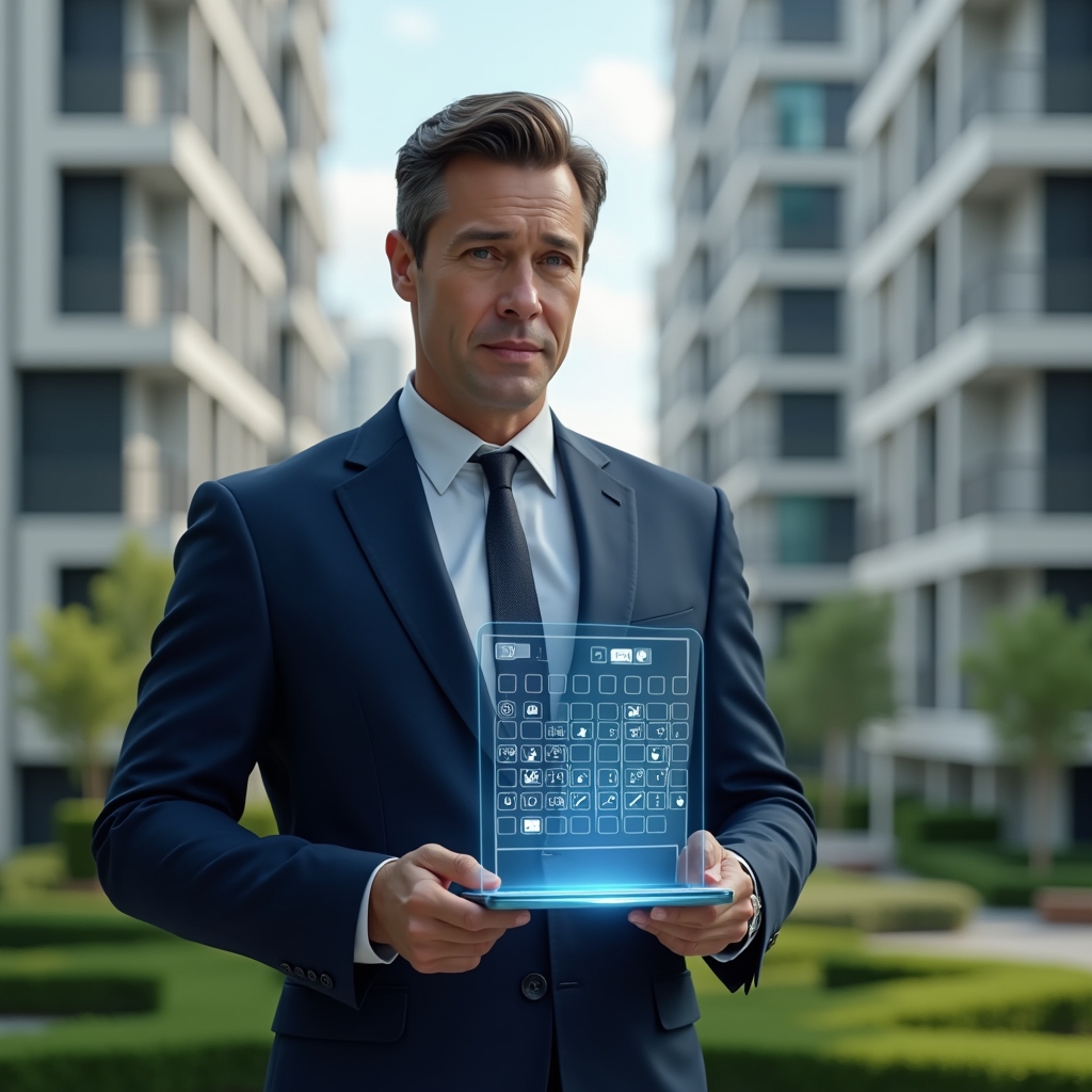 (Ultra-realistic condominium manager in a navy blue tailored suit, set in a modern luxury condominium environment with high-rise buildings and manicured green landscaping, holding a holographic calendar schedule displaying maintenance, assembly, and financial report icons, looking confident and focused, cinematic lighting, shallow depth of field, highly detailed textures, realistic skin, photographic realism, 8k resolution --ar 1:1 --v 6)