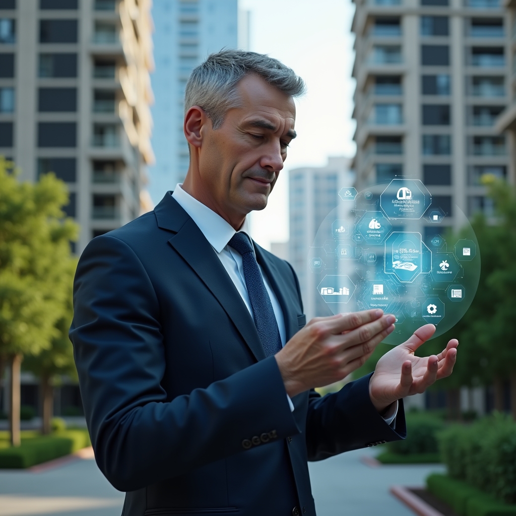 (Ultra-realistic condominium manager in a navy executive suit, set in a modern luxury condominium environment with high-rise buildings and manicured green gardens, examining a floating holographic interface displaying icons for finance, maintenance, reservations and reports, confident and focused expression, cinematic lighting, shallow depth of field, highly detailed textures, realistic skin, photographic realism, 8k resolution --ar 1:1 --v 6)