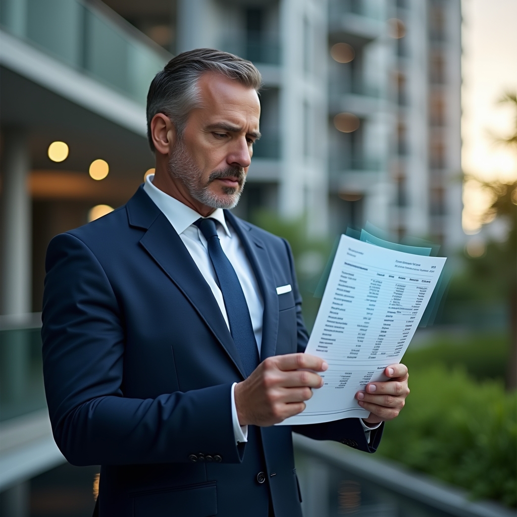Ultra-realistic condominium manager in a navy executive suit, set in a modern luxury condominium environment with high-rise buildings and manicured green spaces, examining a translucent holographic expense report with hidden cost highlights, thoughtful expression, cinematic lighting, shallow depth of field, highly detailed textures, realistic skin, photographic realism, 8k resolution --ar 1:1 --v 6