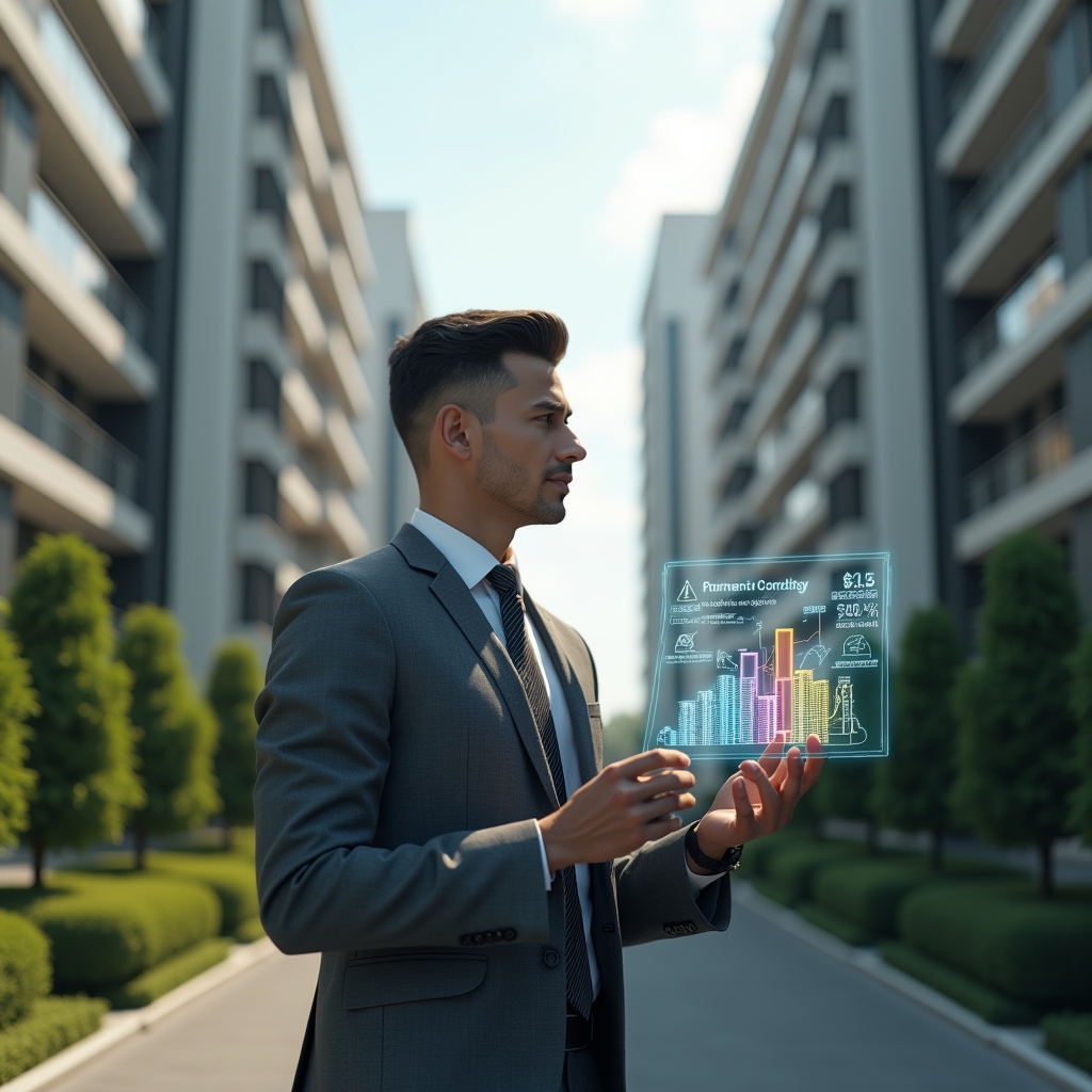 Ultra-realistic condominium manager in a charcoal gray suit, set in a modern luxury condominium environment with high-rise buildings and manicured green landscaping, analyzing a floating holographic budget chart with warning icons and protest symbols, looking thoughtful and confident, cinematic lighting, shallow depth of field, highly detailed textures, realistic skin, photographic realism, 8k resolution --ar 1:1 --v 6