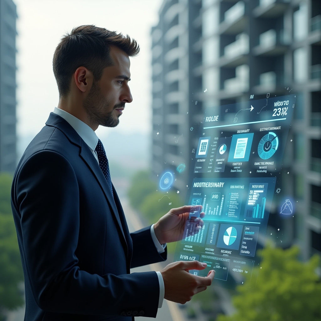 (Ultra-realistic condominium manager in a tailored navy suit, set in a modern luxury condominium environment with high-rise buildings and lush green landscaping, medium shot, reviewing a holographic financial dashboard that classifies ordinary and extraordinary expenses with floating icons of invoices and pie charts, confident and focused expression, cinematic lighting, shallow depth of field, highly detailed textures, realistic skin, photographic realism, 8k resolution --ar 1:1 --v 6)