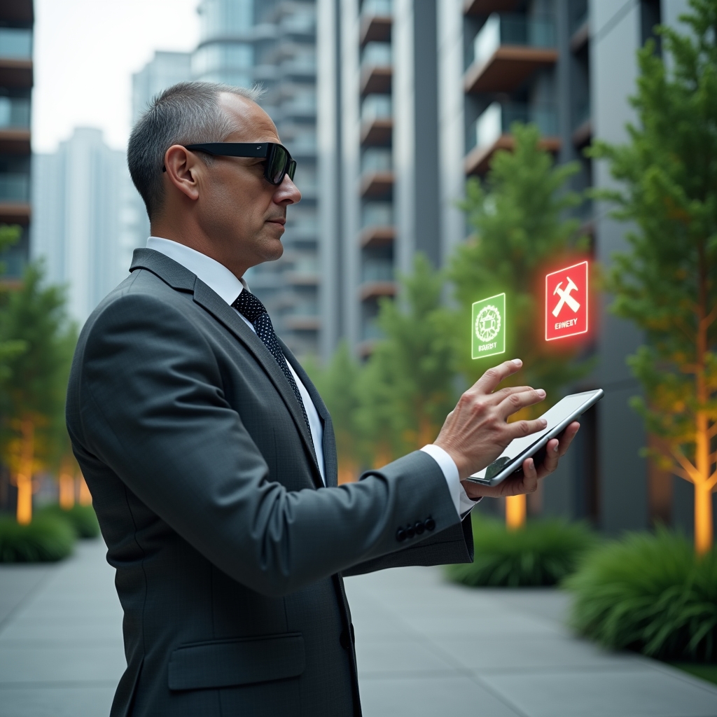 Ultra-realistic condominium manager in a charcoal gray suit, set in a modern luxury condominium environment with high-rise buildings and manicured green landscaping, holding a transparent tablet projecting two floating holograms side by side—one green with everyday expense icons (cleaning, lightbulb) and one red with emergency expense icons (hammer, water leak)—analyzing data with a thoughtful expression, cinematic lighting, shallow depth of field, highly detailed textures, realistic skin, photographic realism, 8k resolution --ar 1:1 --v 6
