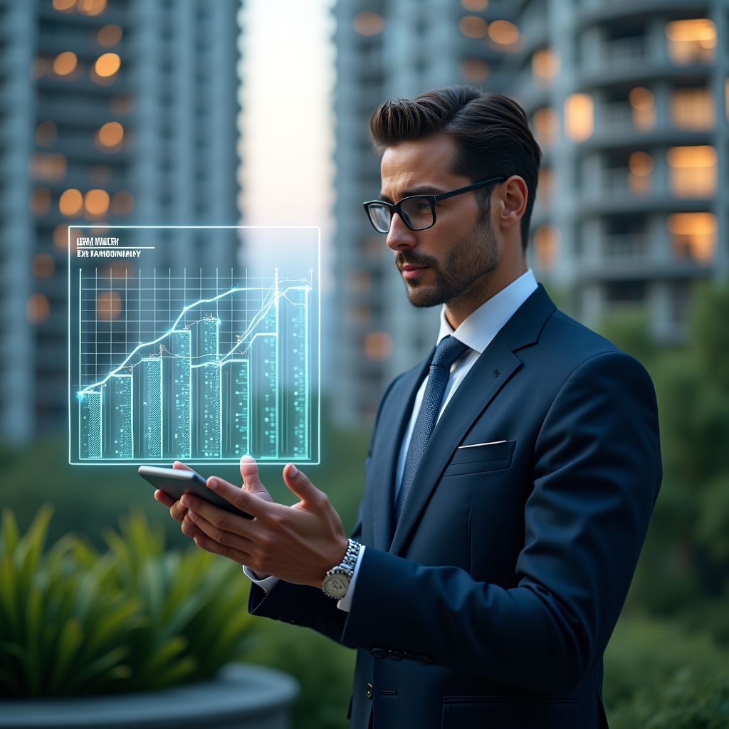 Ultra-realistic condominium manager in a tailored navy suit, set in a modern luxury condominium environment with high-rise buildings and lush green landscaping, thoughtfully analyzing a holographic financial chart split into ordinary vs extraordinary expenses with icons of routine bills and emergency repairs, cinematic lighting, shallow depth of field, highly detailed textures, realistic skin, photographic realism, 8k resolution --ar 1:1 --v 6