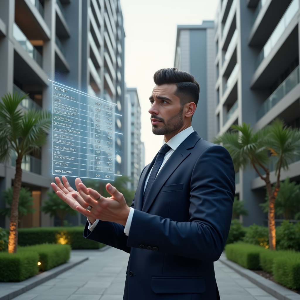 (Ultra-realistic condominium manager in a tailored navy suit, set in a modern luxury condominium environment with high-rise buildings and manicured green landscaping, reviewing a floating holographic expense chart symbolizing extraordinary budget items, focused and confident expression, cinematic lighting, shallow depth of field, highly detailed textures, realistic skin, photographic realism, 8k resolution --ar 1:1 --v 6)