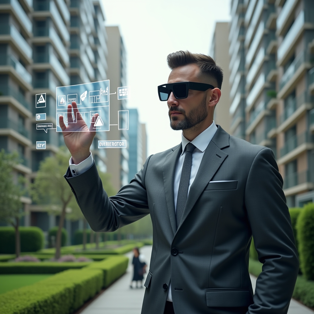 Ultra-realistic condo manager in a charcoal gray tailored suit, set in a modern luxury condominium environment with high-rise buildings and lush green landscaping, examining floating holographic icons of checklists and warning symbols, confidently pointing at a transparent display of optimized processes, cinematic lighting, shallow depth of field, highly detailed textures, realistic skin, photographic realism, 8k resolution --ar 1:1 --v 6