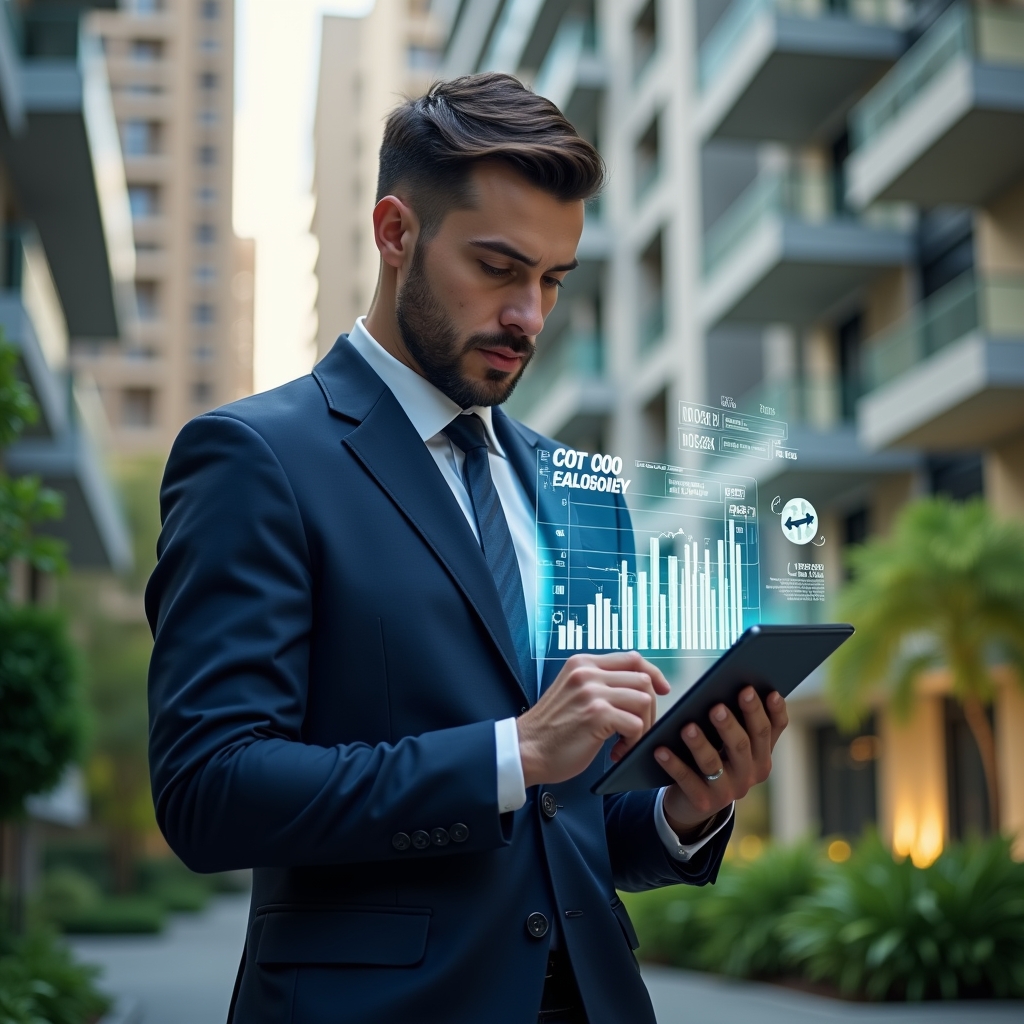 Ultra-realistic condominium manager in a tailored navy suit, set in a modern luxury condominium environment with high-rise buildings and lush green landscaping, confidently reviewing a holographic budget chart floating above his tablet, surrounded by subtle icons of coins and financial graphs, cinematic lighting, shallow depth of field, highly detailed textures, realistic skin, photographic realism, 8k resolution --ar 1:1 --v 6