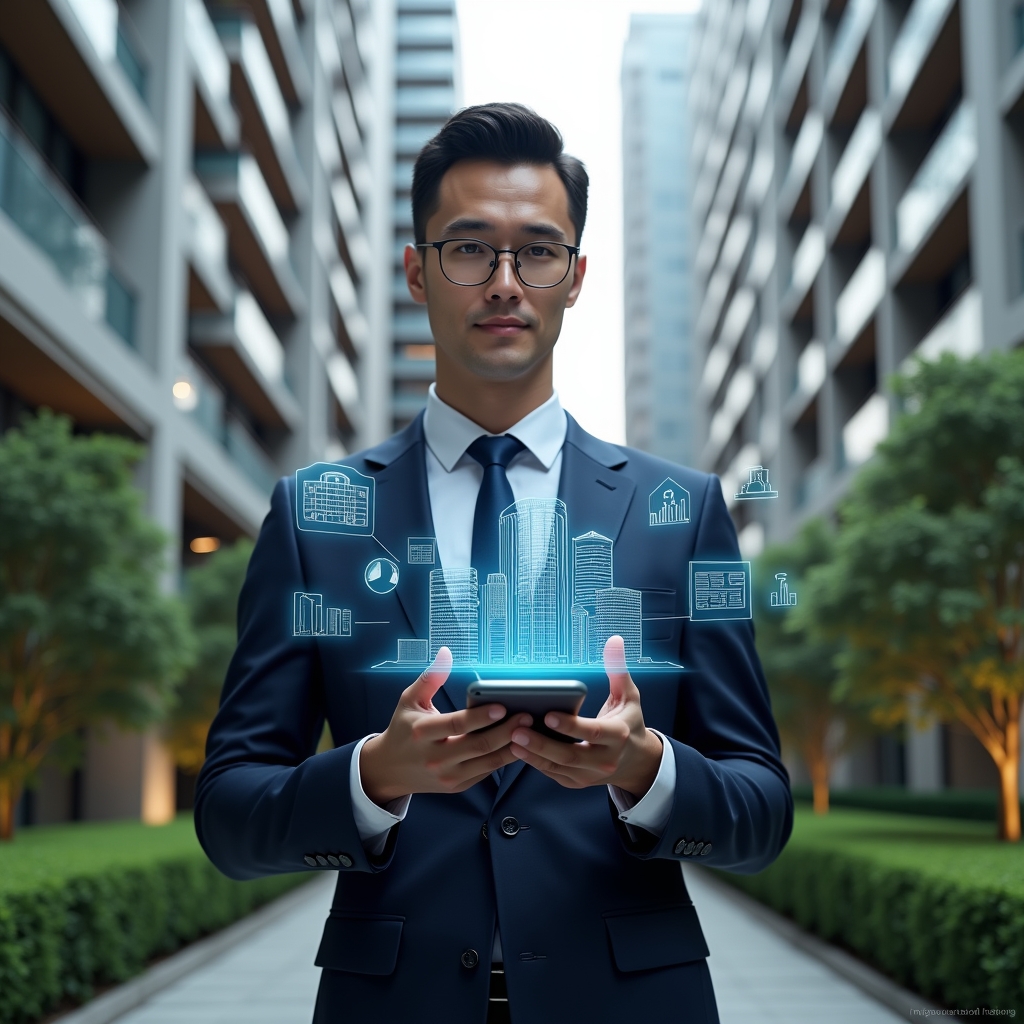 (Ultra-realistic condominium manager in a navy executive suit, set in a modern luxury condominium environment with high-rise buildings and manicured green landscaping, interacting with a floating holographic interface displaying building icons, financial charts, and a smartphone app UI, confident expression, cinematic lighting, shallow depth of field, highly detailed textures, realistic skin, photographic realism, 8k resolution --ar 1:1 --v 6)