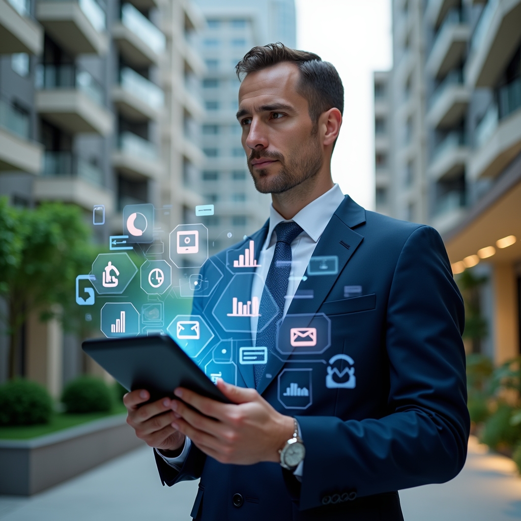 (Ultra-realistic condominium manager in a navy blue suit, set in a modern luxury condominium environment with high-rise buildings and lush green landscaping, confidently holding a tablet projecting a holographic dashboard of building management icons and efficiency charts, surrounded by floating app icons and digital graphs symbolizing online management, cinematic lighting, shallow depth of field, highly detailed textures, realistic skin, photographic realism, 8k resolution --ar 1:1 --v 6)