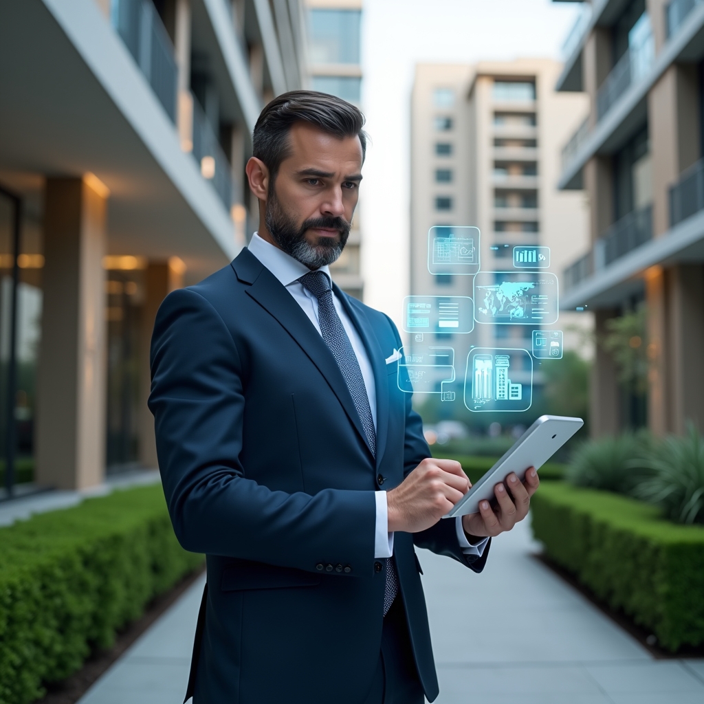 Ultra-realistic property manager in a tailored navy suit, set in a modern luxury condominium environment with high-rise buildings and manicured green landscaping, holding a tablet displaying a holographic condominium management app interface, confidently analyzing data, with floating icons of charts, schedules and notifications symbolizing efficiency, cinematic lighting, shallow depth of field, highly detailed textures, realistic skin, photographic realism, 8k resolution --ar 1:1 --v 6