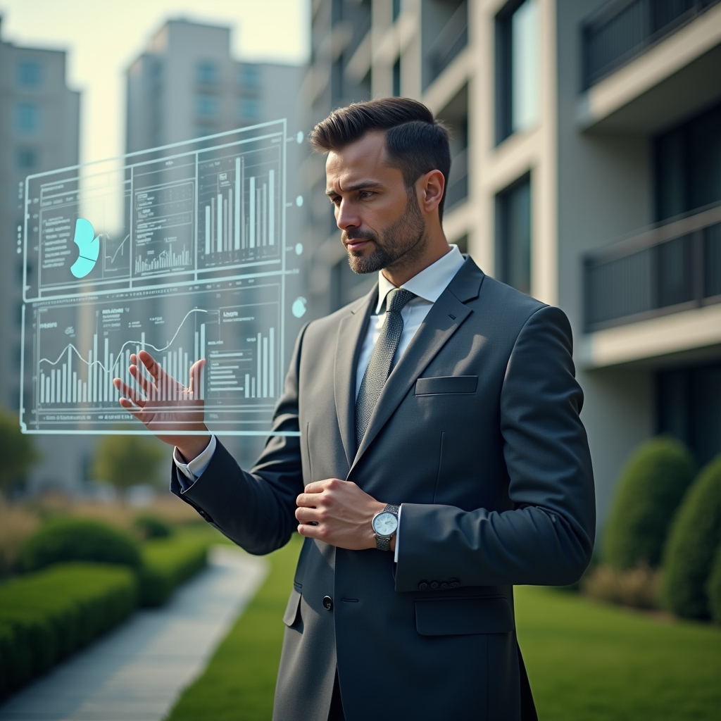 (Ultra-realistic condominium manager in a charcoal gray suit, set in a modern luxury condominium environment with high-rise buildings and manicured green landscaping, analyzing a holographic financial dashboard displaying bar graphs and pie charts floating before him, confident and focused expression, cinematic lighting, shallow depth of field, highly detailed textures, realistic skin, photographic realism, 8k resolution --ar 1:1 --v 6)