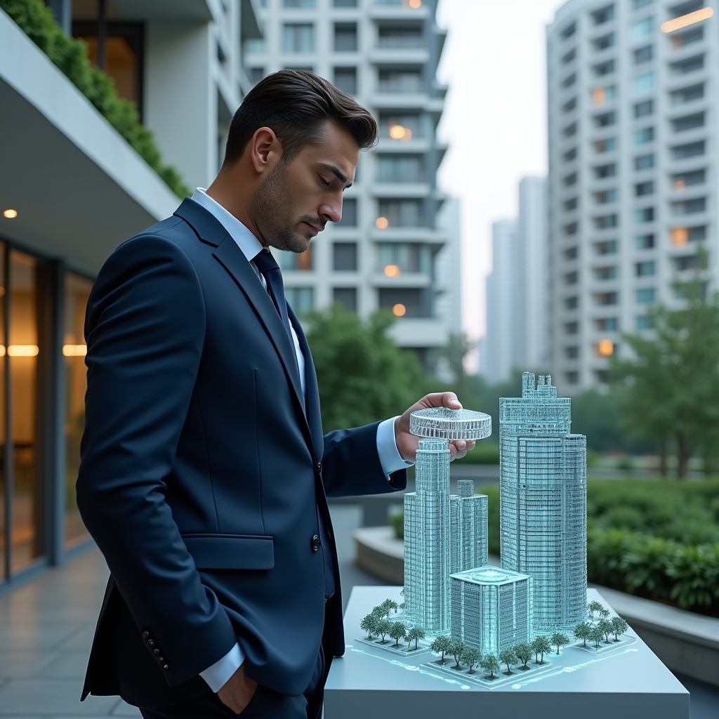 (Ultra-realistic condominium manager in a tailored dark blue suit, set in a modern luxury condominium environment with high-rise buildings and lush green landscaping, examining a holographic 3D building model segmented into pie-chart fractions, focused and confident expression, cinematic lighting, shallow depth of field, highly detailed textures, realistic skin, photographic realism, 8k resolution --ar 1:1 --v 6)