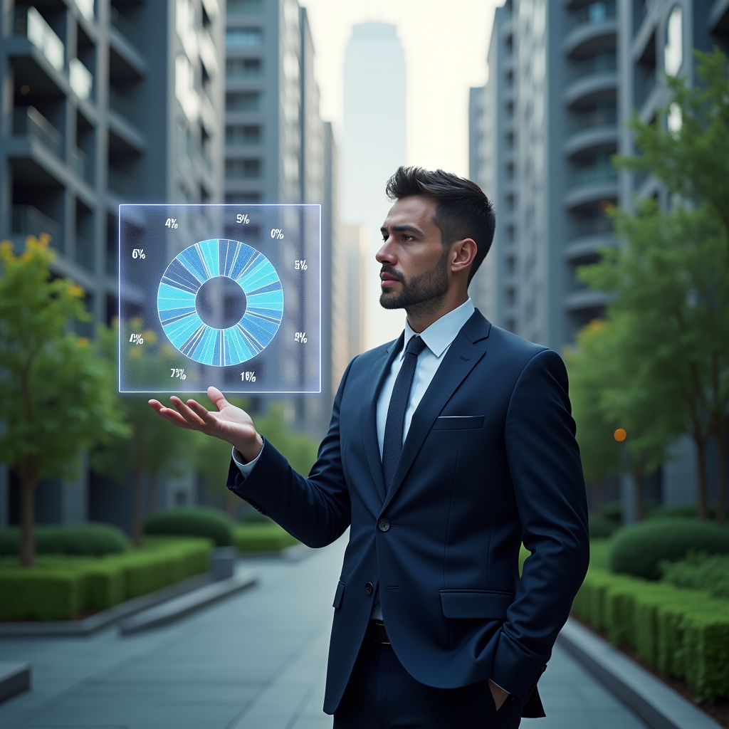 Ultra-realistic condominium manager in a navy suit, set in a modern luxury condominium environment with high-rise buildings and manicured green landscaping, thoughtfully analyzing a holographic pie chart of fractional percentages representing unit shares, holographic fractional pie chart floating in front of him, cinematic lighting, shallow depth of field, highly detailed textures, realistic skin, photographic realism, 8k resolution --ar 1:1 --v 6