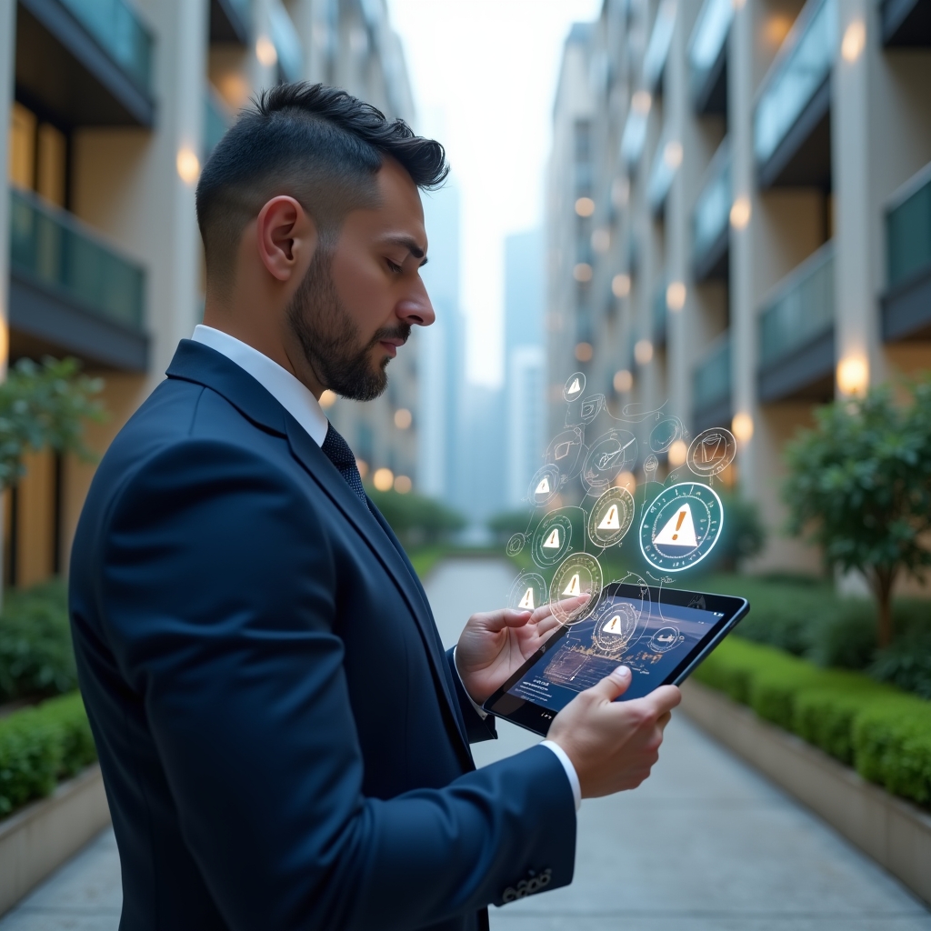 (Ultra-realistic condominium manager in a navy blue suit, set in a modern luxury condominium environment with high-rise buildings and manicured green landscaping, holding a tablet displaying holographic error icons and analytics graphs, examining the screen with a thoughtful expression, floating translucent app interface symbols around, cinematic lighting, shallow depth of field, highly detailed textures, realistic skin, photographic realism, 8k resolution --ar 1:1 --v 6)