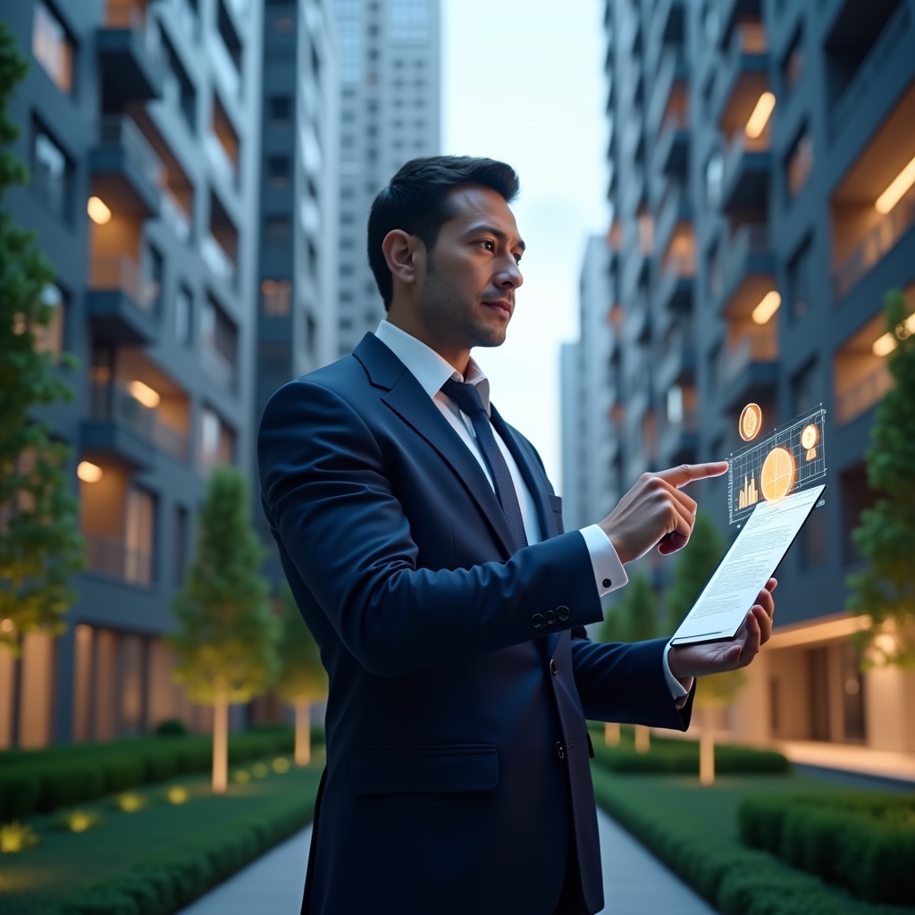 (Ultra-realistic condominium manager in a dark blue executive suit, set in a modern luxury condominium environment with high-rise buildings and manicured green landscaping, mid-shot of the manager confidently analyzing a floating holographic financial report and pointing at a glowing pie chart, holographic icons of coins and bar graphs orbiting around, cinematic lighting, shallow depth of field, highly detailed textures, realistic skin, photographic realism, 8k resolution --ar 1:1 --v 6)