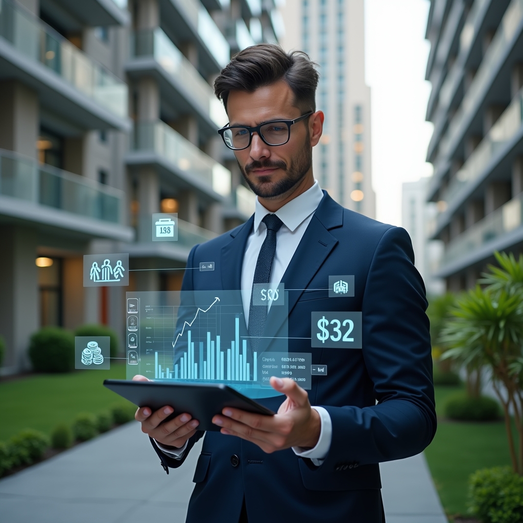 Ultra-realistic condominium manager in a navy suit, set in a modern luxury condominium environment with high-rise buildings and manicured green landscaping, holding a tablet displaying holographic financial charts and expense projections, analyzing cost forecasts with a confident, focused expression, floating icons of coins, graphs and budget symbols around, cinematic lighting, shallow depth of field, highly detailed textures, realistic skin, photographic realism, 8k resolution --ar 1:1 --v 6
