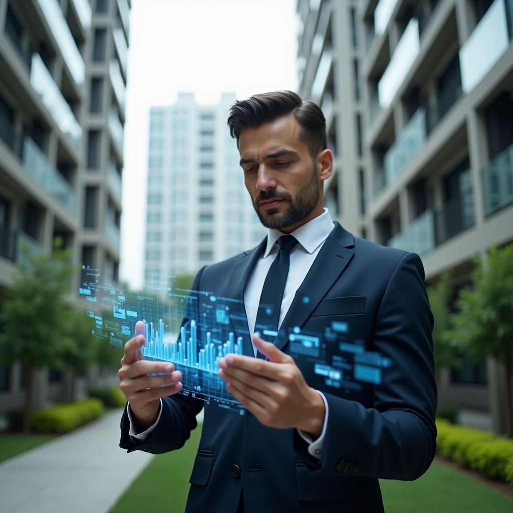 Ultra-realistic condominium manager in a tailored navy suit, set in a modern luxury condominium environment with high-rise buildings and well-groomed green landscaping, mid shot, focused and confident expression as they analyze a holographic financial report and floating charts symbolizing transparent accounting, cinematic lighting, shallow depth of field, highly detailed textures, realistic skin, photographic realism, 8k resolution --ar 1:1 --v 6